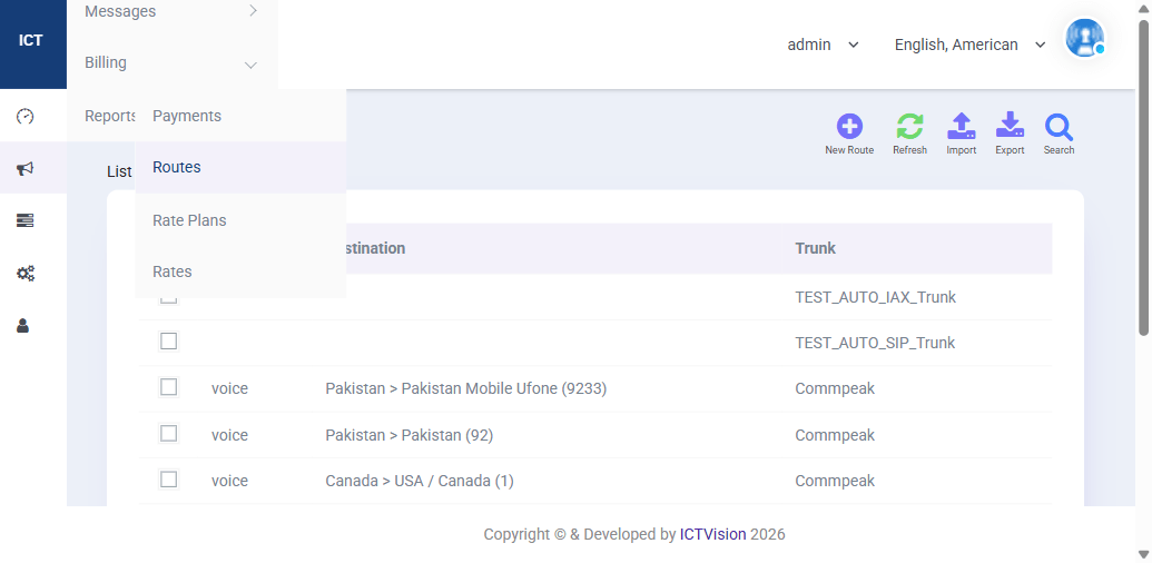 ICTCRM Billing Routes showing destination patterns, trunk assignments for voice calls