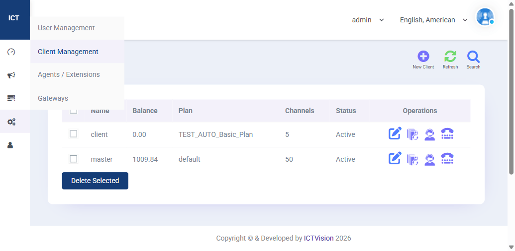 ICTCRM Client Management showing client list with balance, plan, channels and status