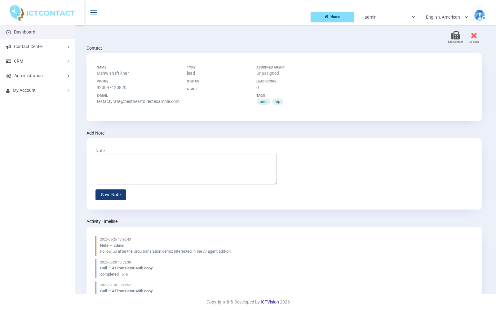 ICTCRM contact activity timeline