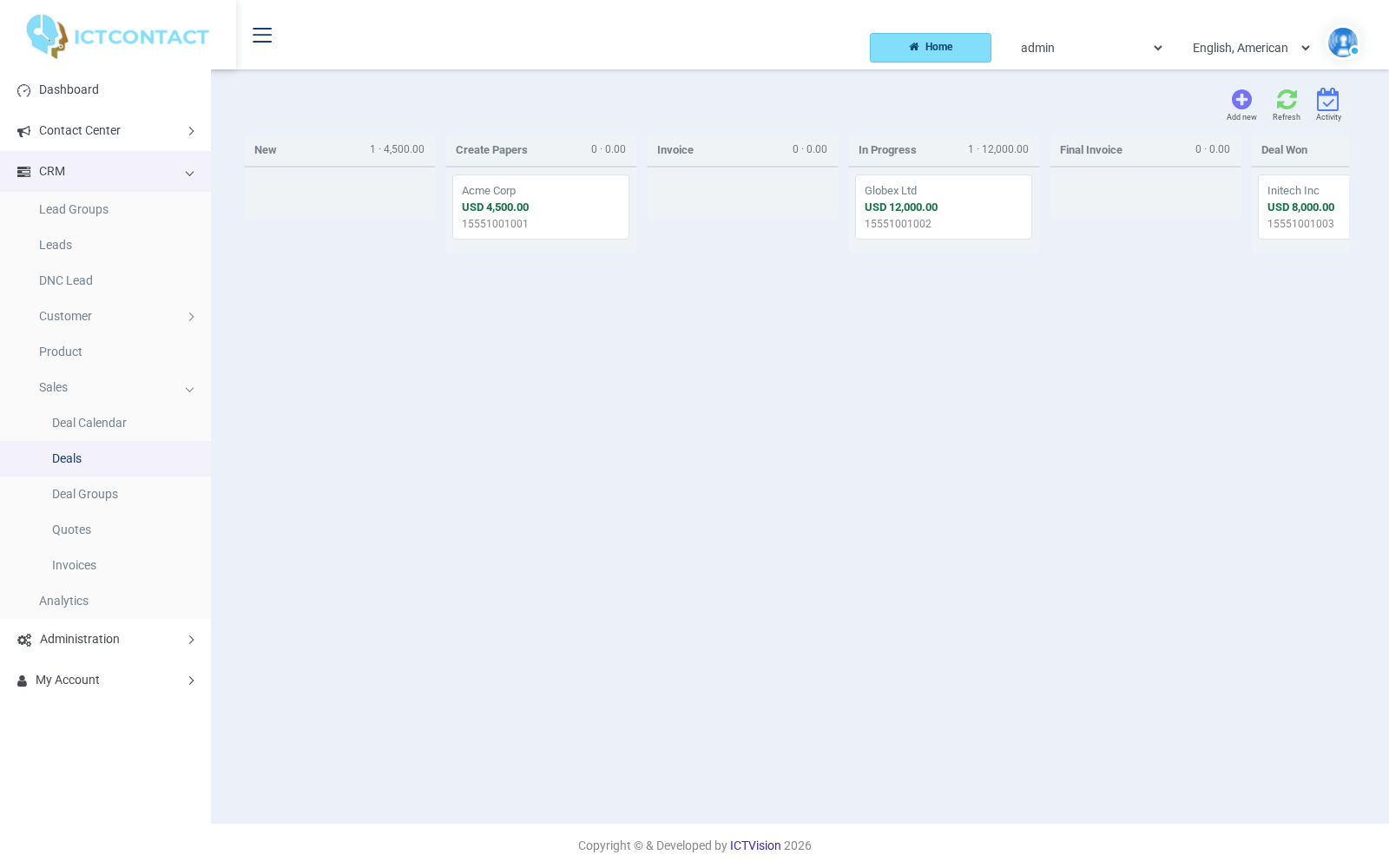 ICTCRM deal pipeline kanban board