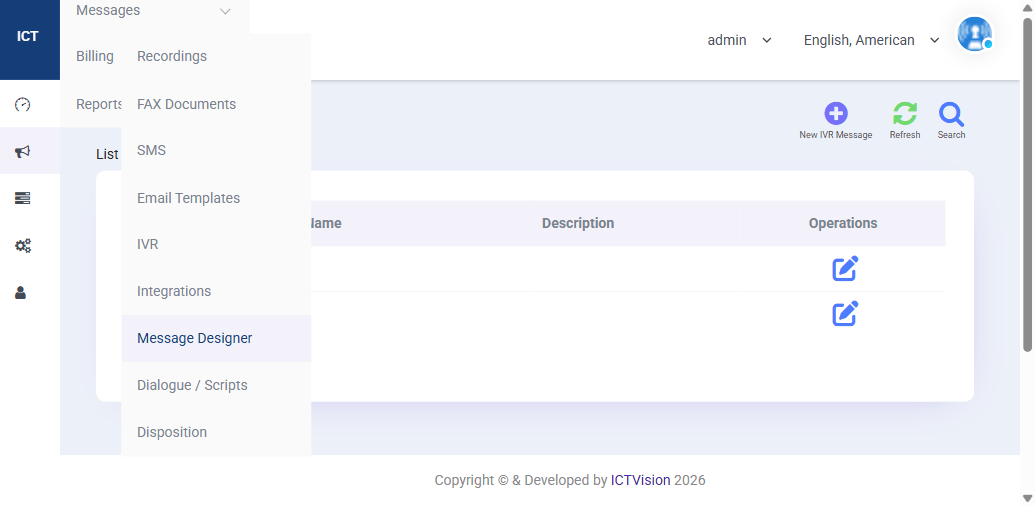 ICTCRM Message Designer showing IVR message list with name and description
