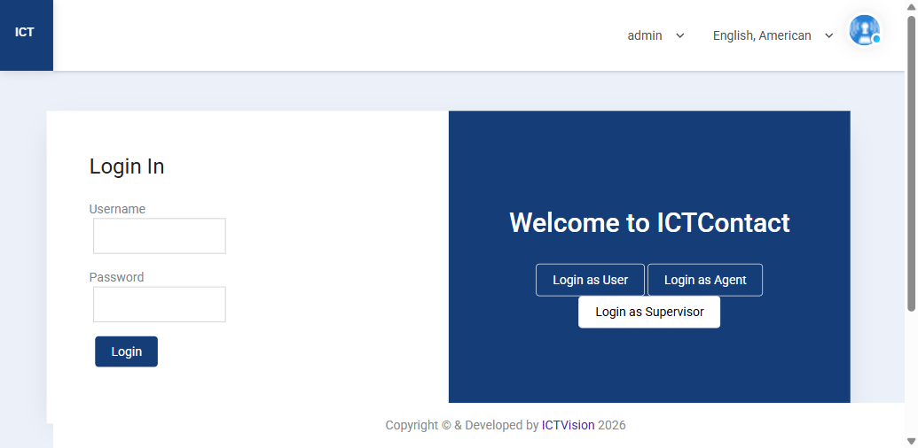 ICTCRM Supervisor login page showing three role login options