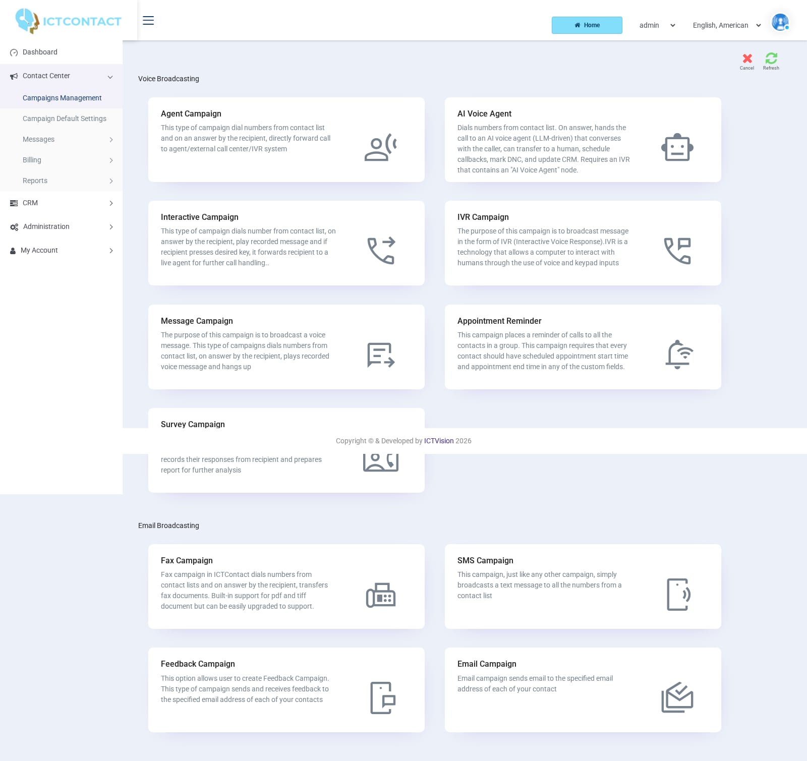 ICTCRM the Add new card grid with both groups
