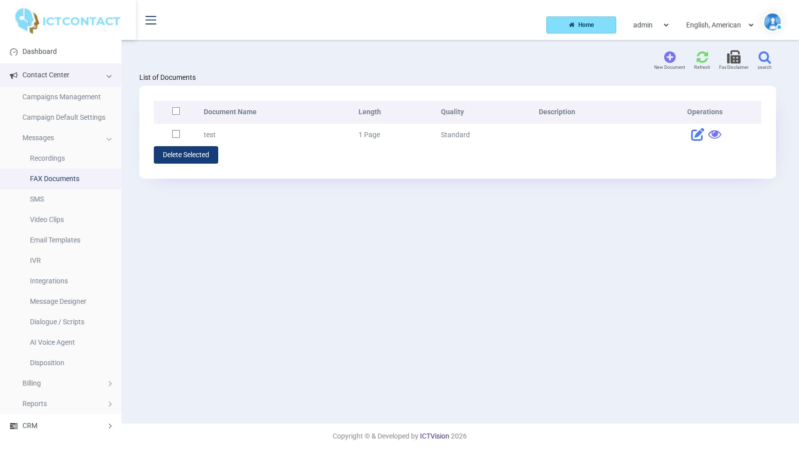 ICTCRM FAX Documents list with Length and Quality columns