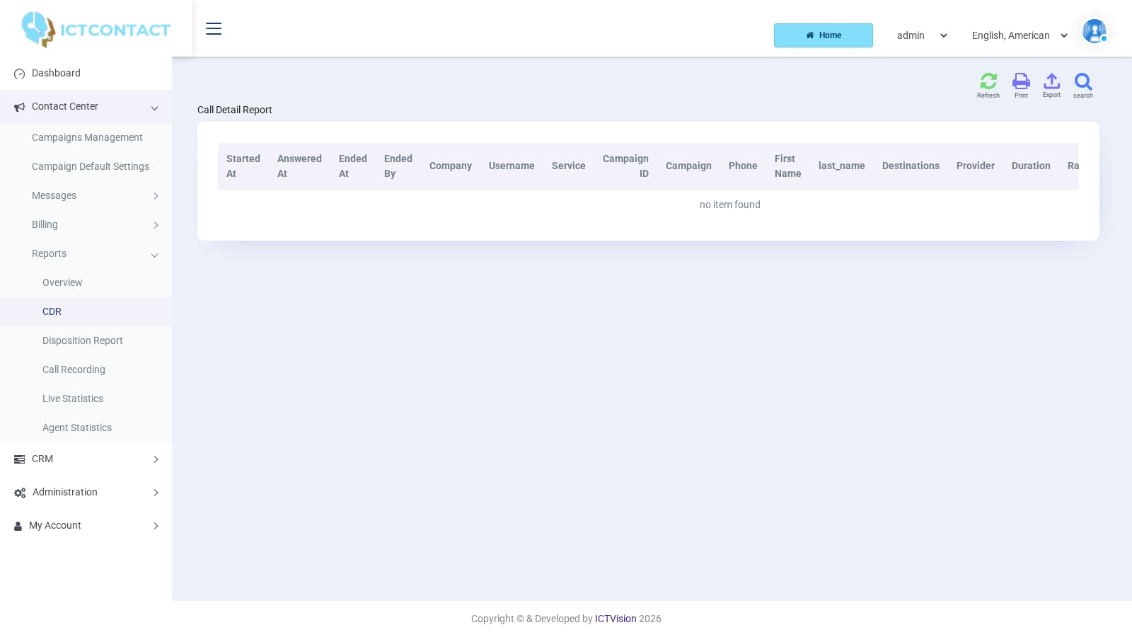 ICTCRM CDR page with the filter open and a few rows below it