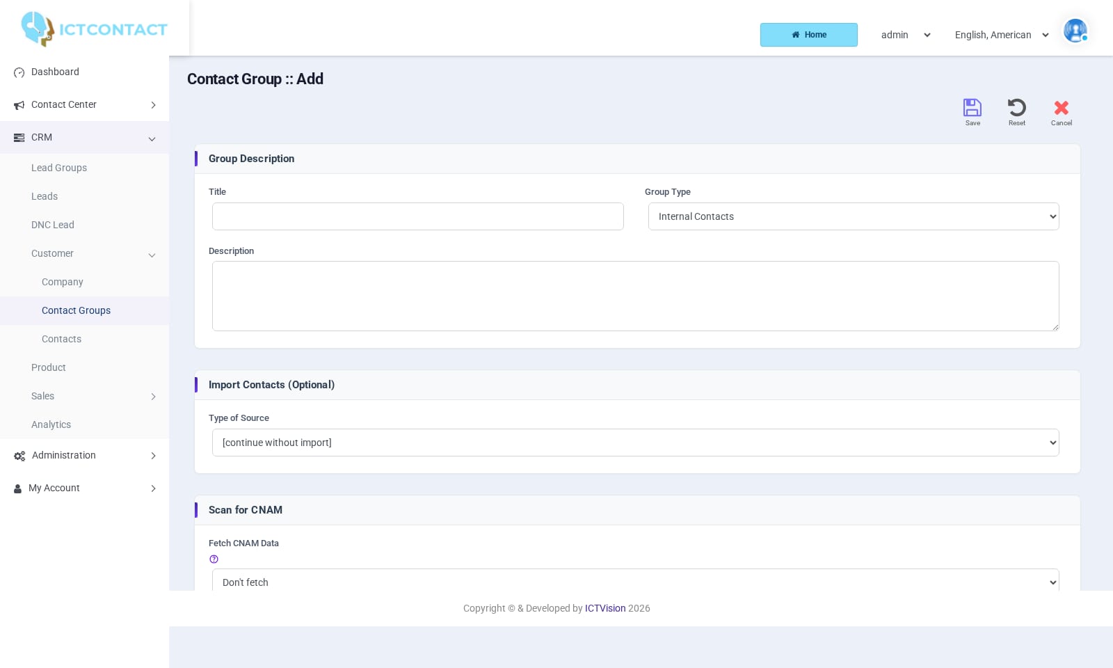 ICTCRM Contact Groups > Add new with Type of Source set to Upload Contacts via custom file