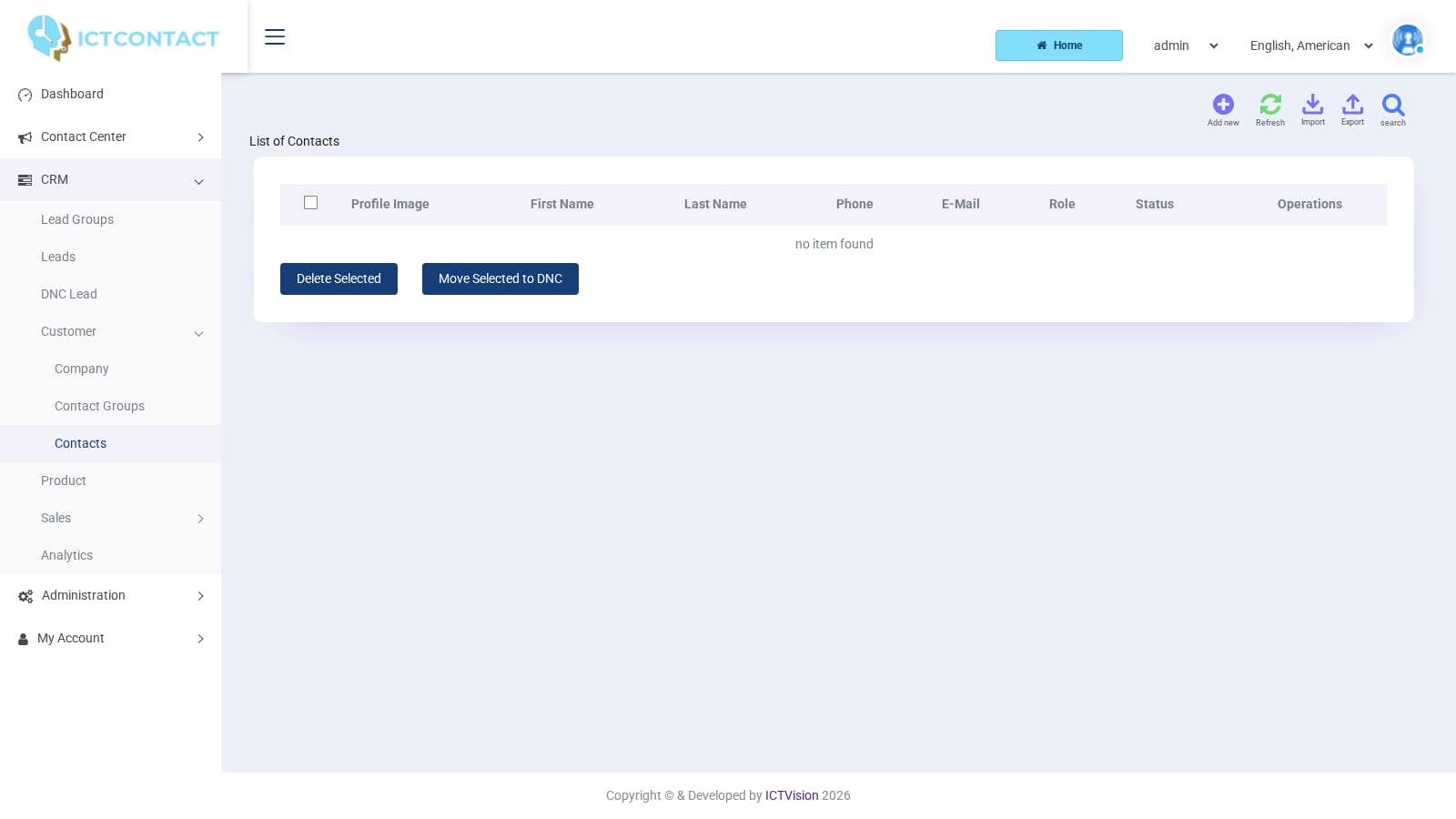 ICTCRM Contacts list with the row icons