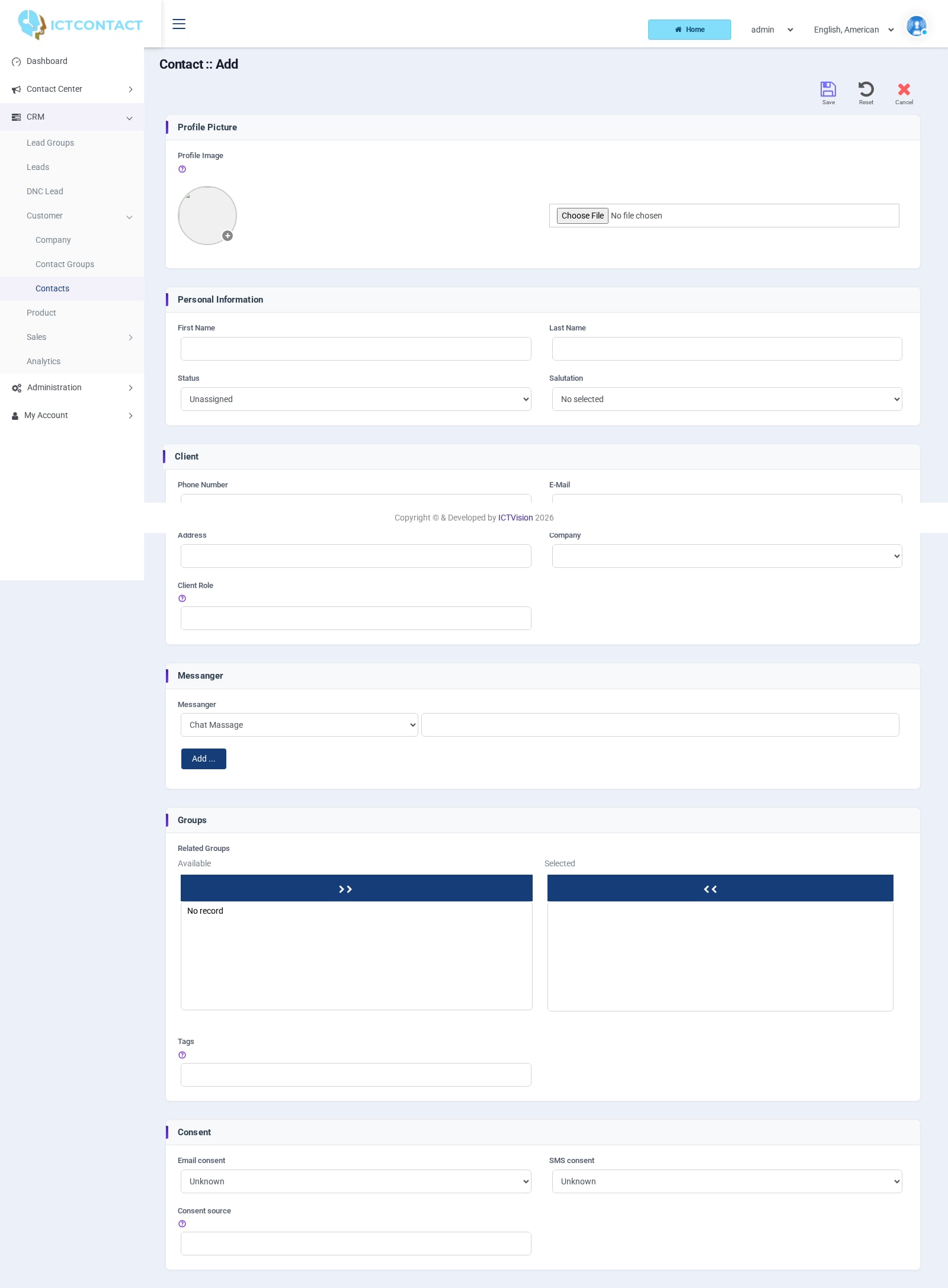 ICTCRM Contacts > Add new showing Personal Information, Client and Groups